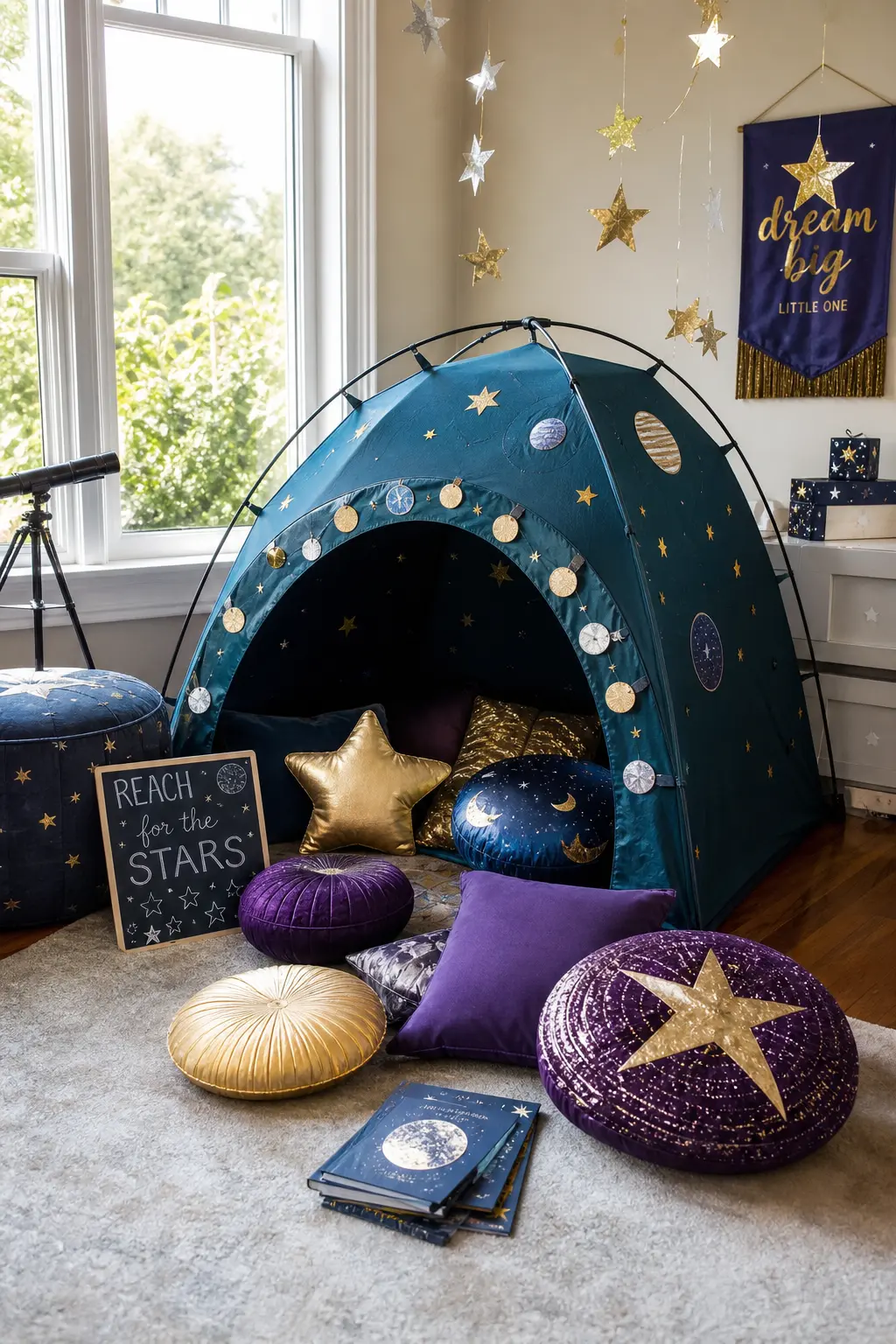 Planetarium Tent Reading Nook — A teal pop-up dome tent, dressed inside with purple and gold floor cushions, becomes a quiet corner for smaller guests to