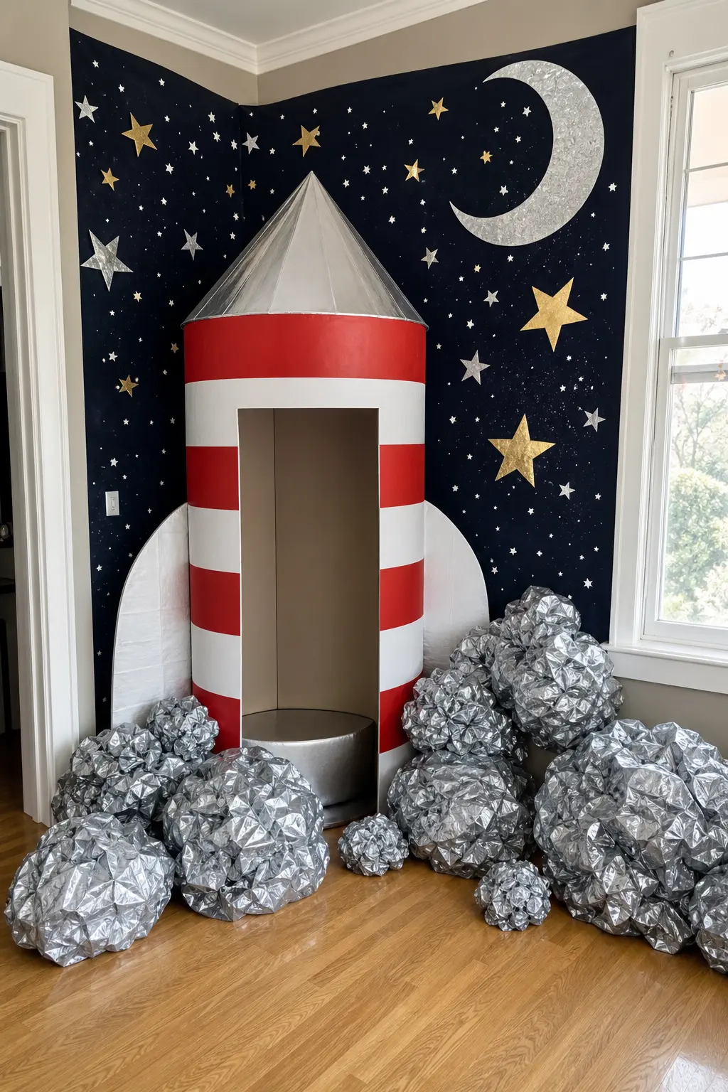 Rocket Launch Photo Nook — A red and white striped cardboard rocket prop, standing in a corner surrounded by silver tissue paper clouds, gives boys a scene