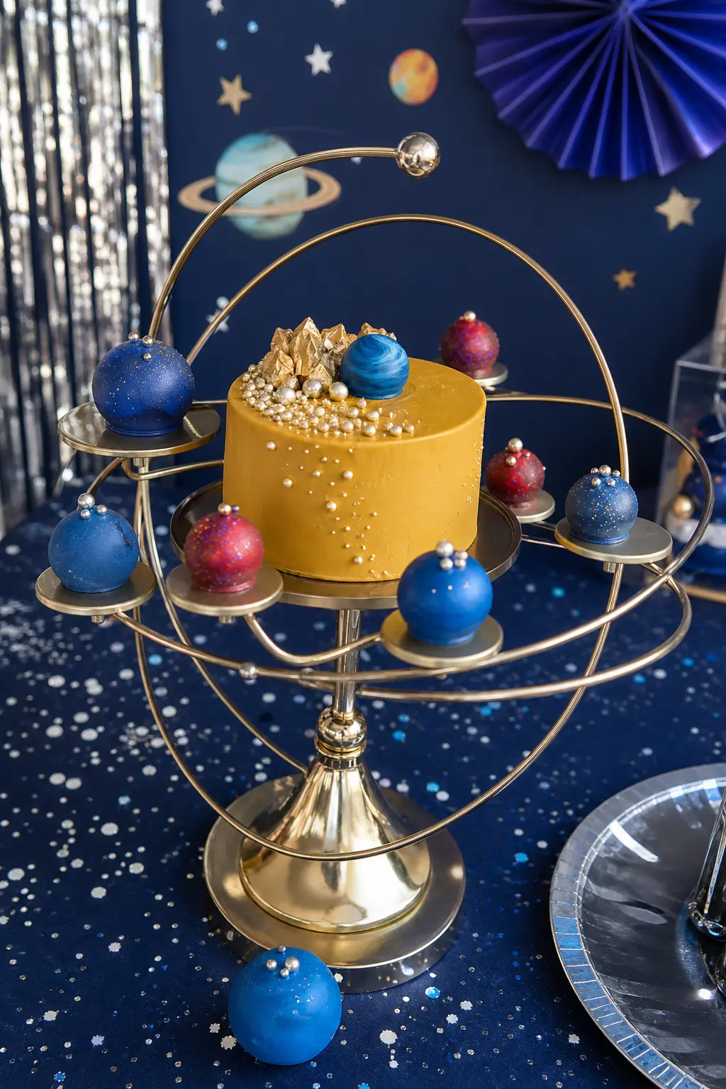 Solar System Orbit Stand — A tiered brass stand with a mustard gold sun cake at the centre and small blue and red planet-sphere treats arranged around it turns