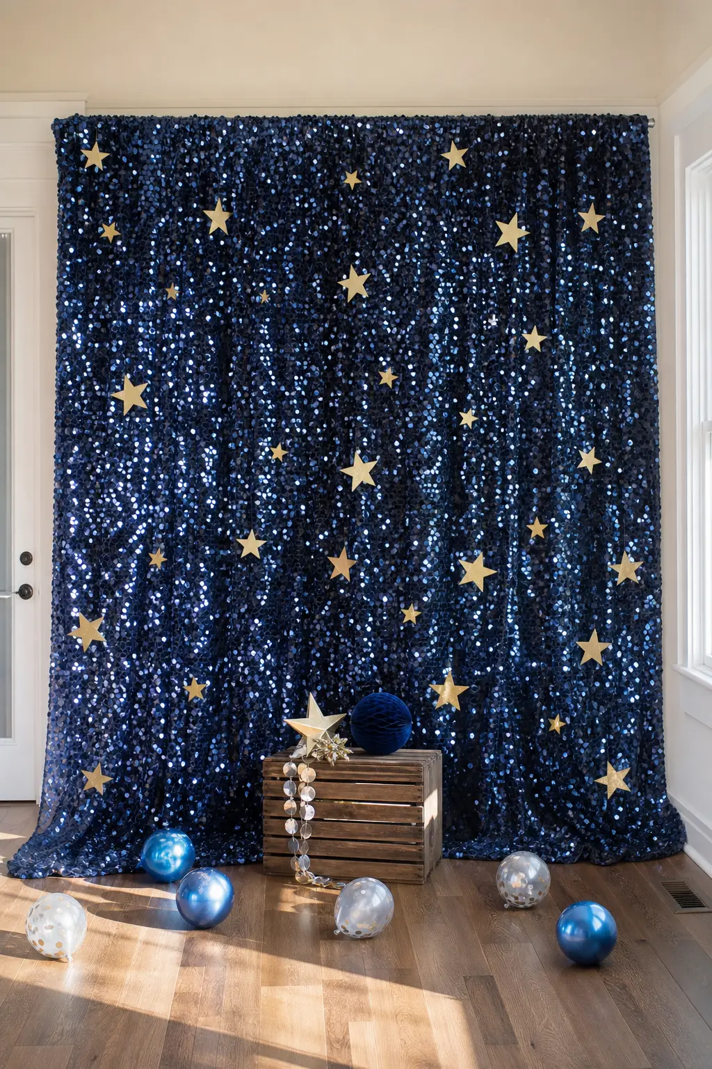 Starfield Sequin Backdrop — A midnight blue sequin backdrop panel, hung flat against a wall with a scatter of gold star cutouts pinned across it, needs no