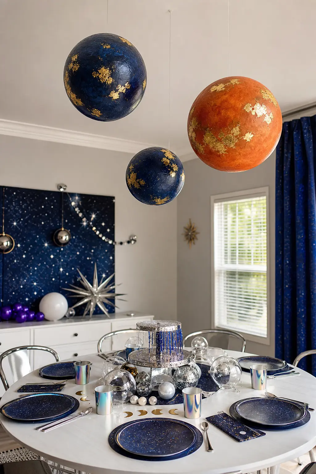 Suspended Planet Cluster — A cluster of papier mache planets hung at different heights above the main table turns an ordinary ceiling into the whole point of