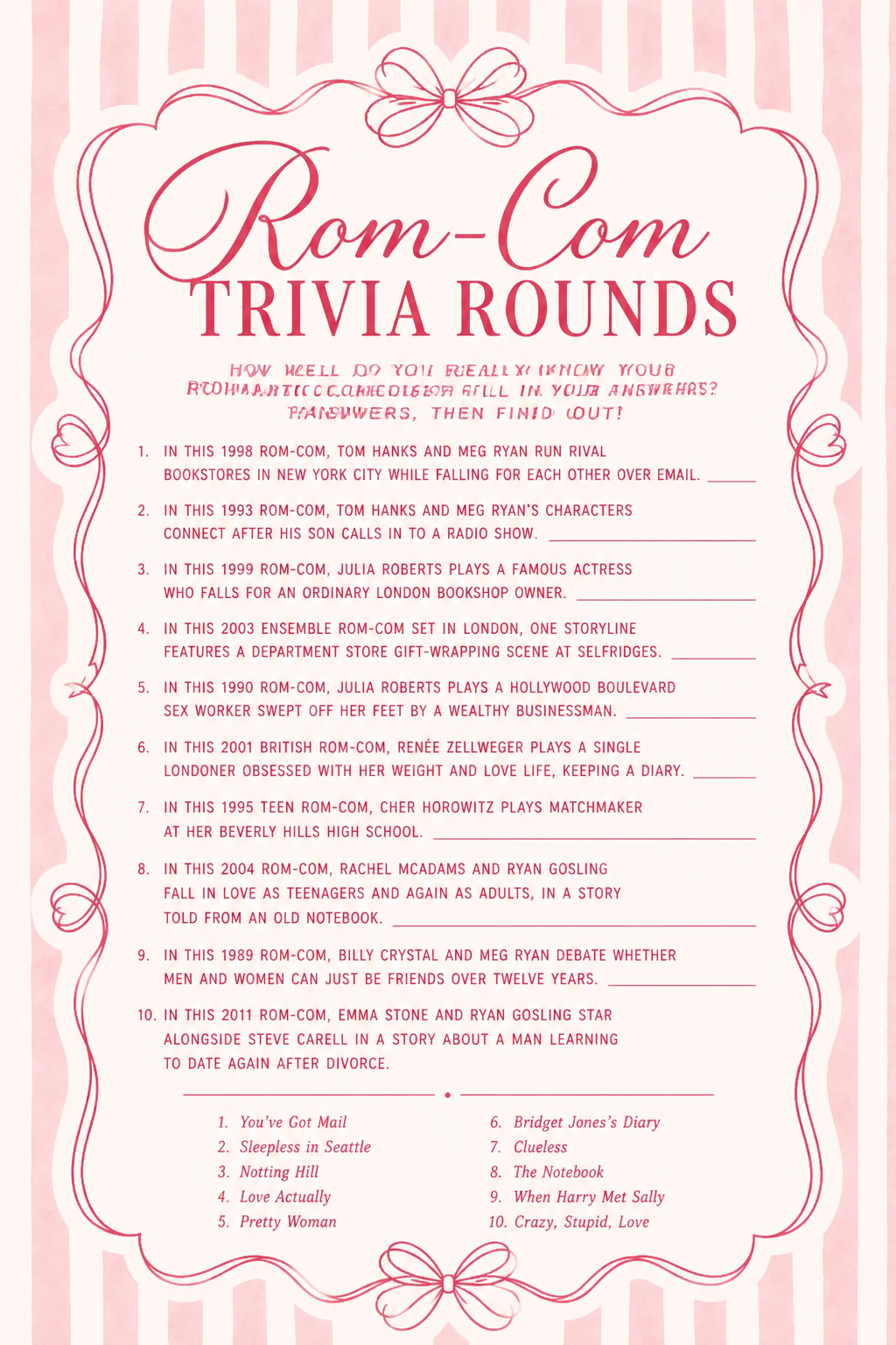 Rom-Com Trivia Rounds printable