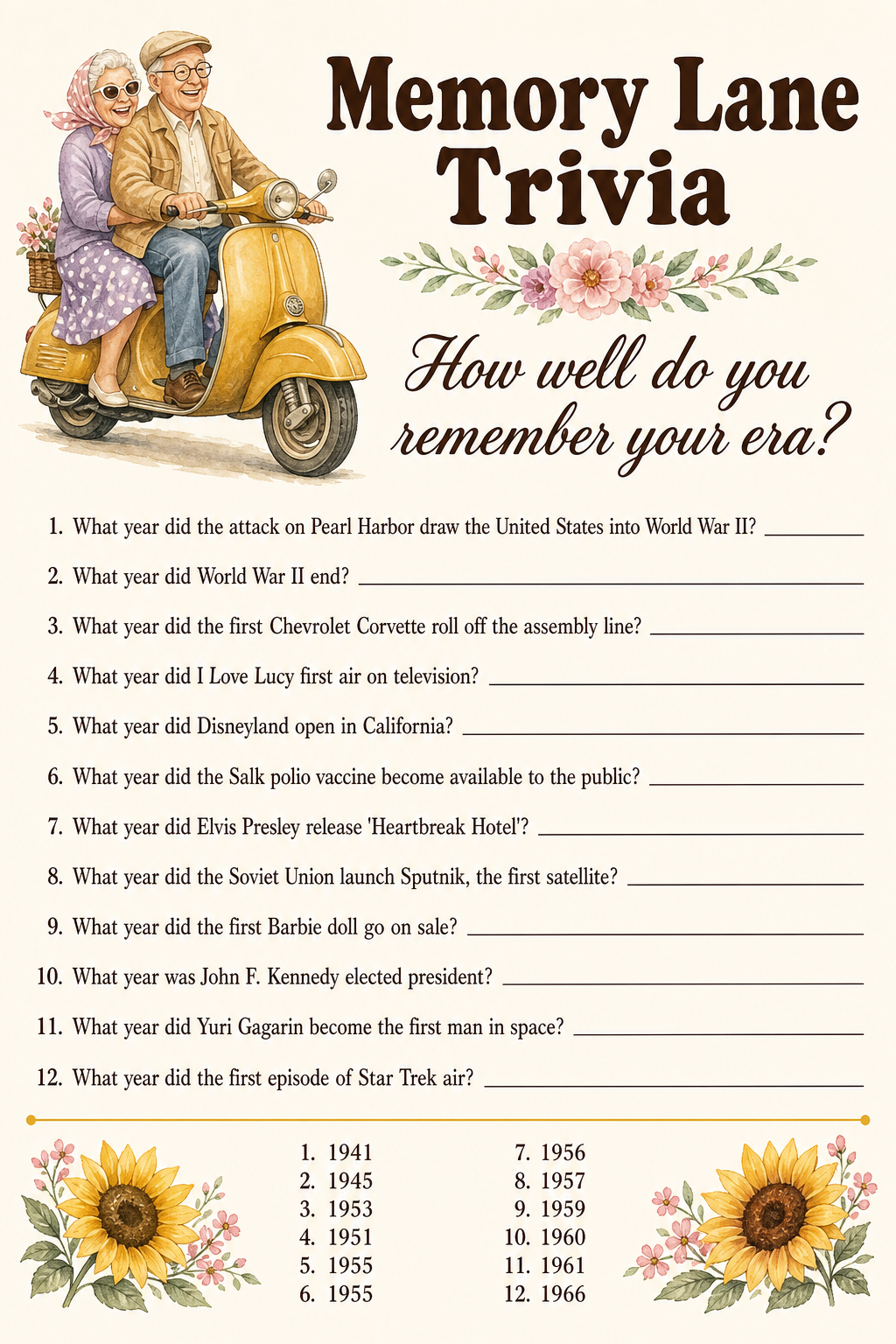 Memory Lane Trivia printable