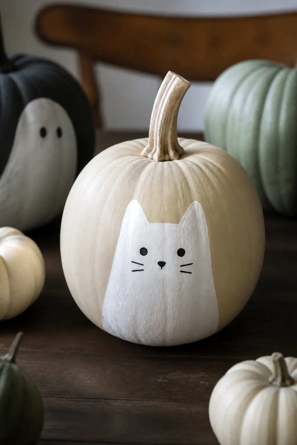 Ghost Cat With Pointed Ears — Two small triangular ears rise from the top of the ghost's head, turning it into a cat. Ghost painted pumpkin