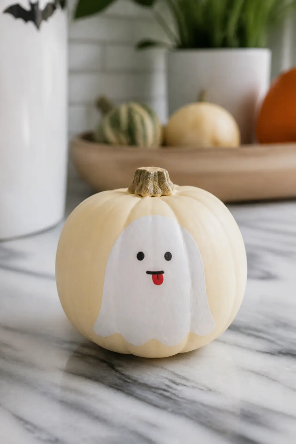 Ghost With Its Tongue Out — A small pink or red tongue pokes out from the bottom of the ghost's face. Ghost painted pumpkin