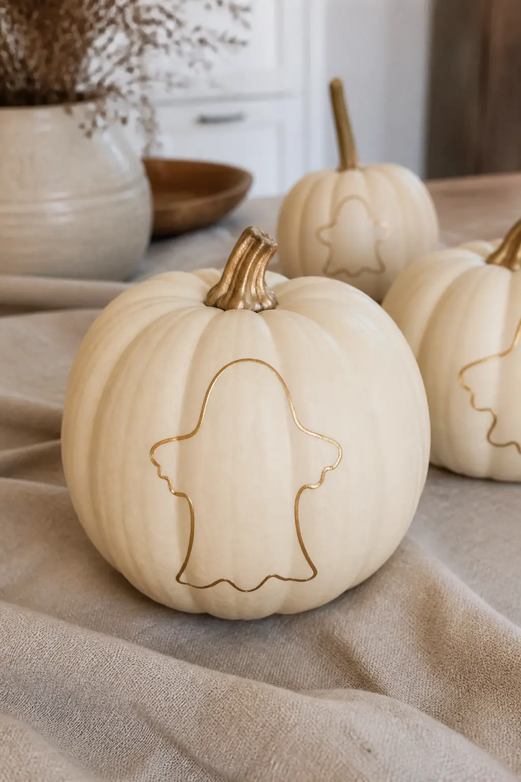 Ghost Outlined in Gold on Cream — A cream or ivory pumpkin provides the ground. Ghost painted pumpkin