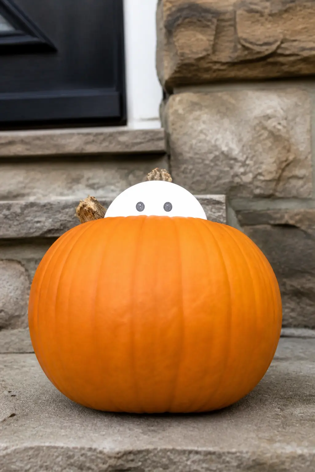 Ghost Peeking Over the Pumpkin's Widest Point — Only the top arc of the ghost's head and its eyes appear, cresting the equator of the pumpkin as if peering