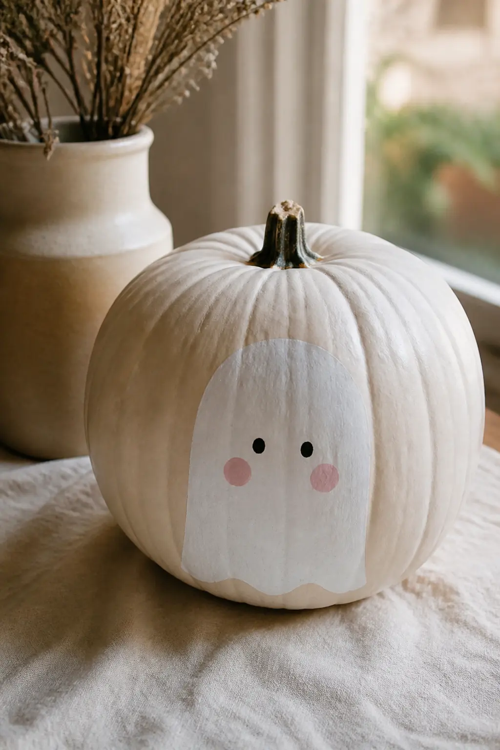 Ghost With Rosy Cheeks — Two small circles of pink or blush, brushed softly below the eyes, turn a plain ghost into something that reads as genuinely sweet.