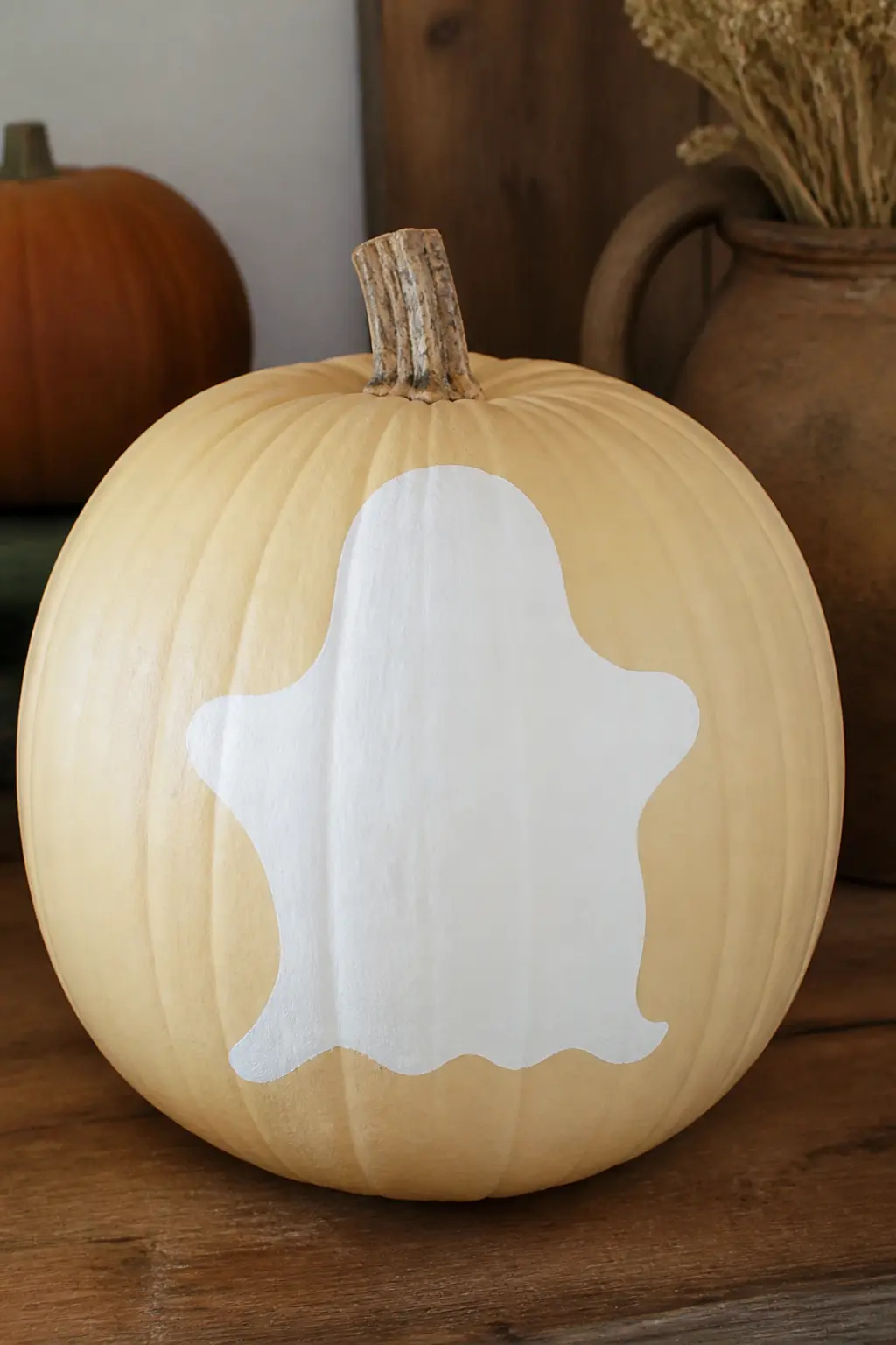 Ghost Silhouette With No Face at All — No eyes, no mouth, no expression of any kind. Ghost painted pumpkin