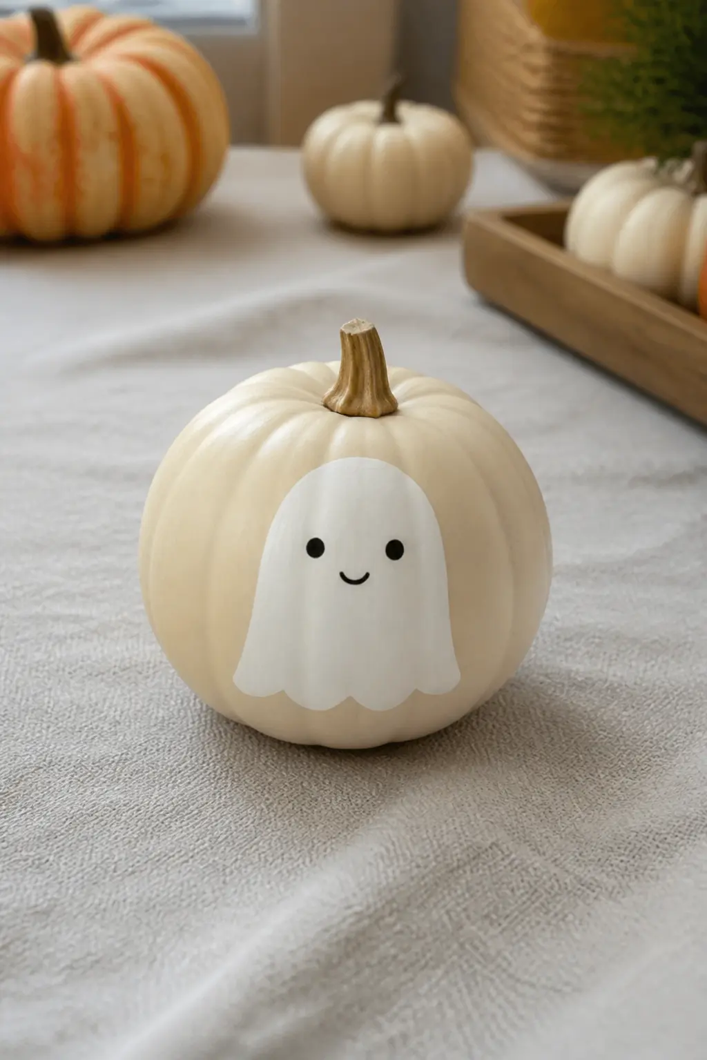 Ghost With a Small Closed Smile — A short curved line replaces the open mouth, and the ghost reads as quietly content rather than excited. Ghost painted pumpkin