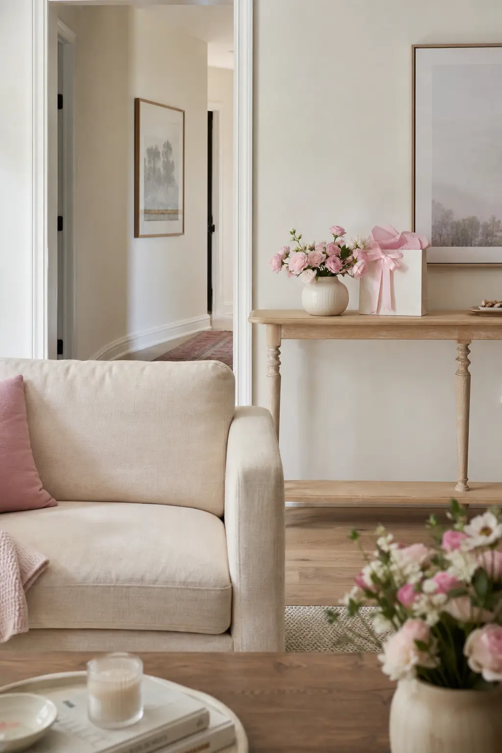 Pink as Accents in a Cream Room
