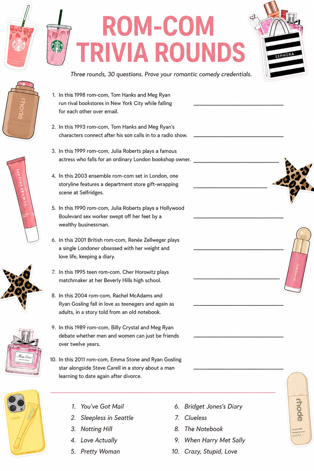 Rom-Com Trivia Rounds printable