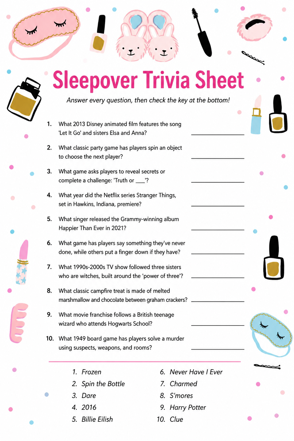 Sleepover Trivia Sheet printable