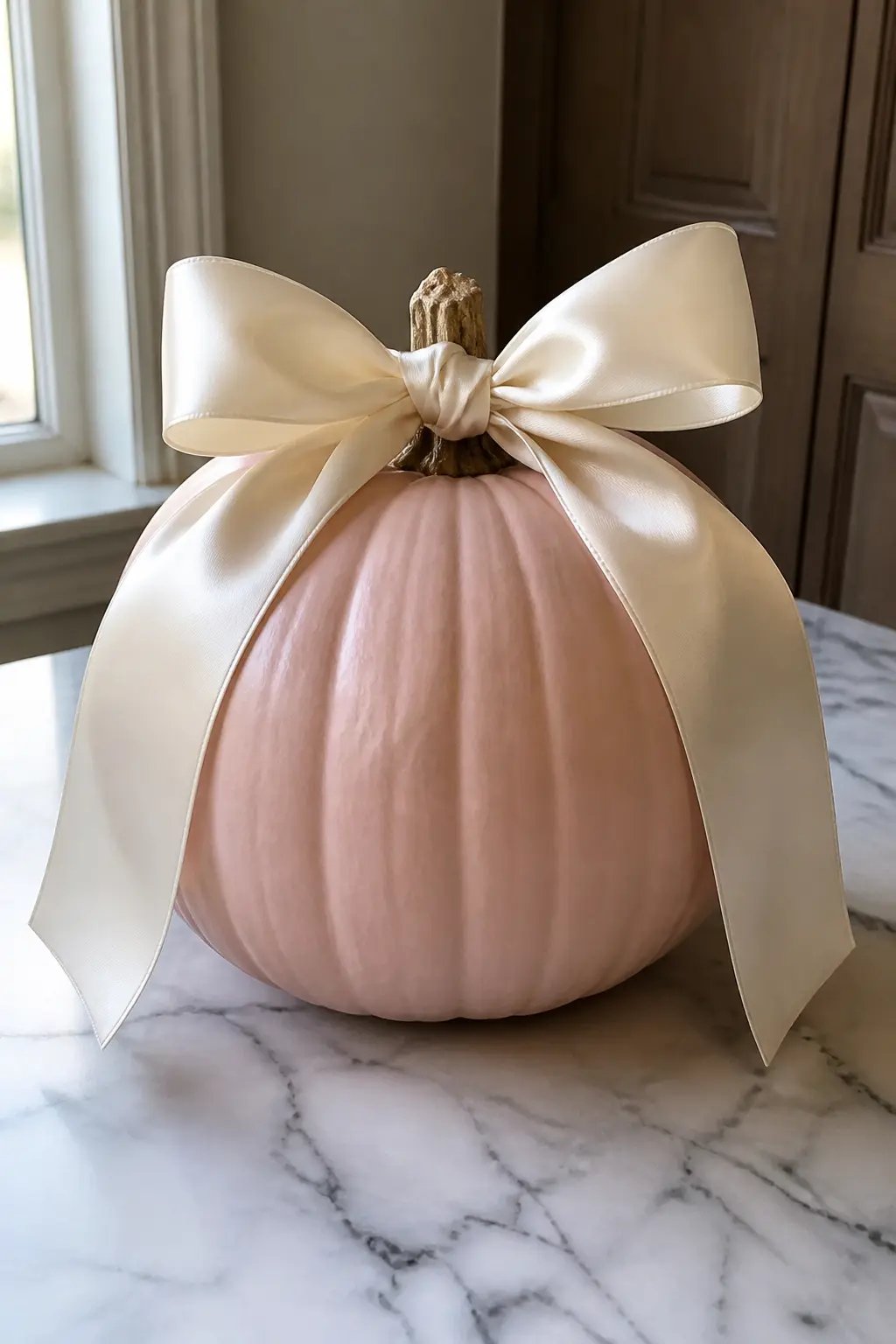 Blush Pumpkin With a Large Cream Satin Bow — Paint the pumpkin in two coats of blush, letting each coat dry fully before the next. Girly painted pumpkin