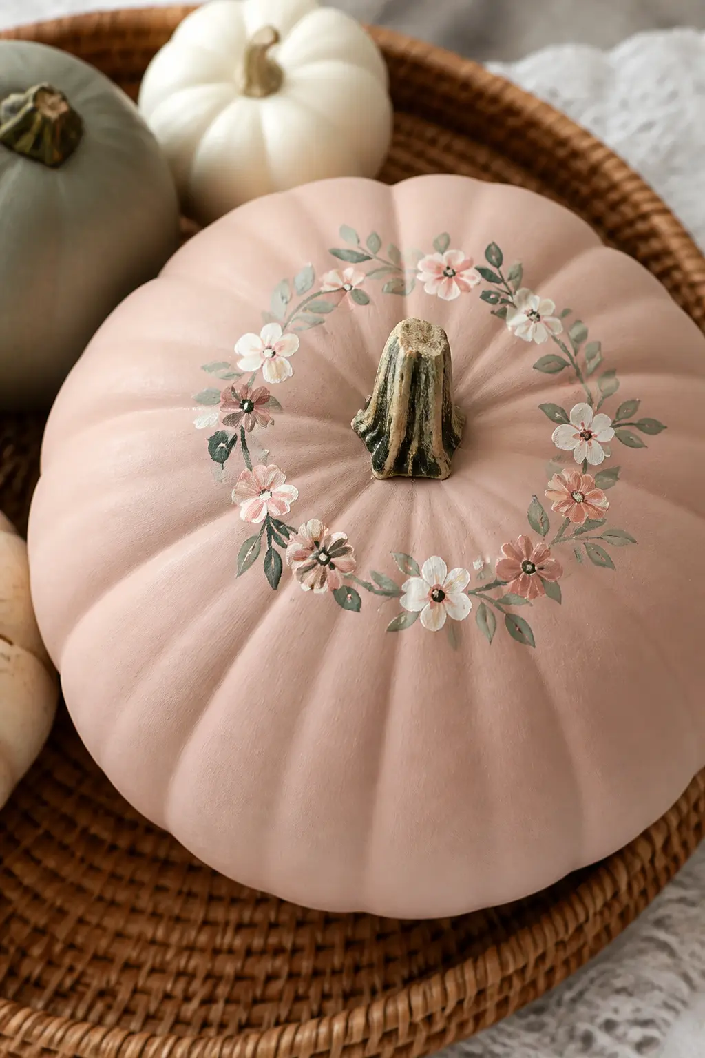 Blush Pumpkin With a Painted Floral Crown Around the Stem — Paint the pumpkin blush. Girly painted pumpkin