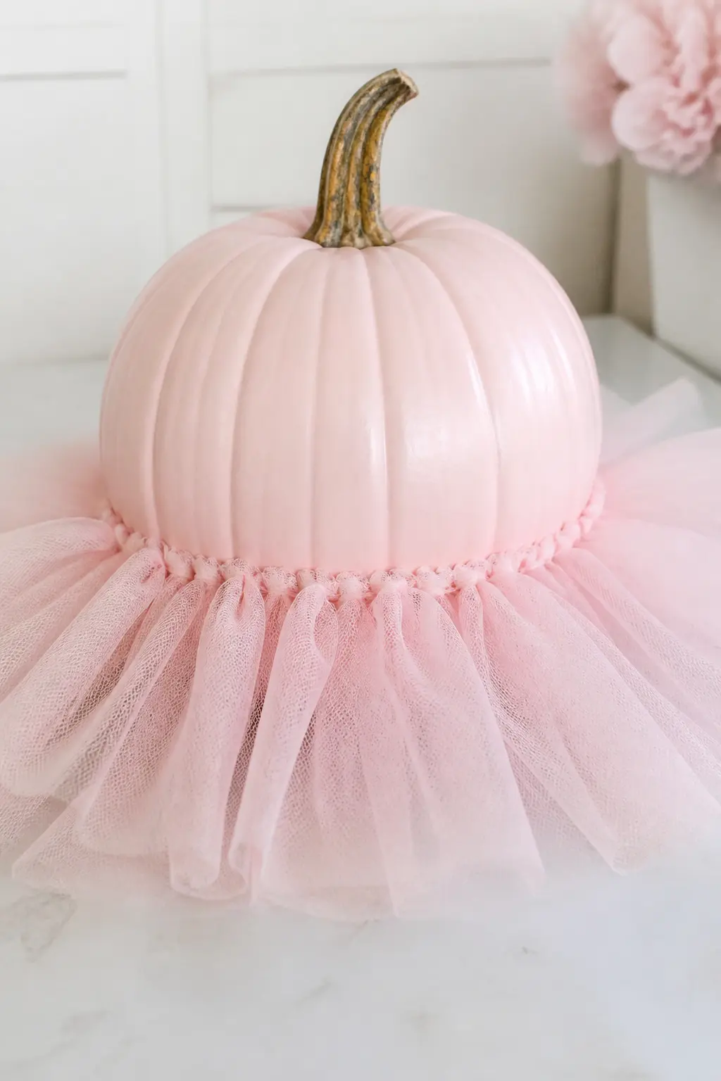 Blush Pumpkin With a Tulle Skirt Gathered Around the Base — Paint the pumpkin blush. Girly painted pumpkin