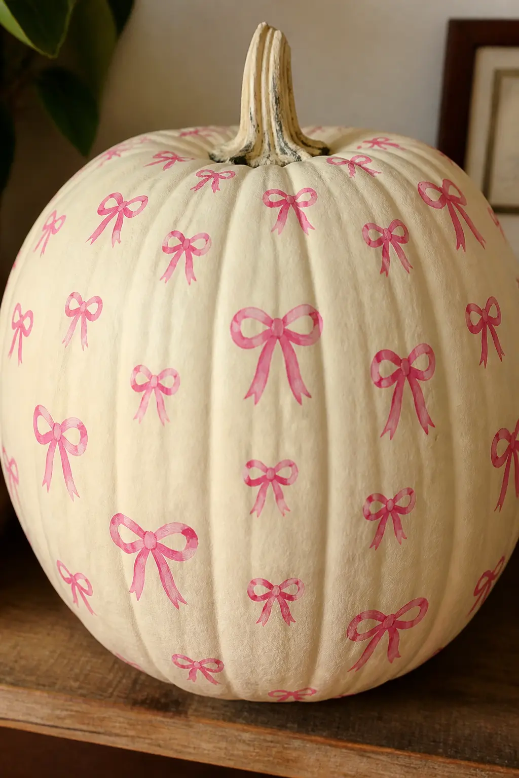 Cream Pumpkin Covered in Tiny Pink Painted Bows — Base coat the pumpkin in warm cream. Girly painted pumpkin