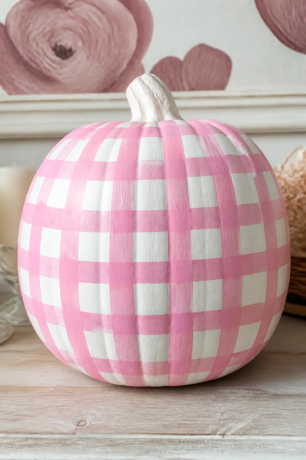 Cream Pumpkin With Painted Pink Gingham Squares — Gingham on a curved surface is simpler than it looks. Girly painted pumpkin