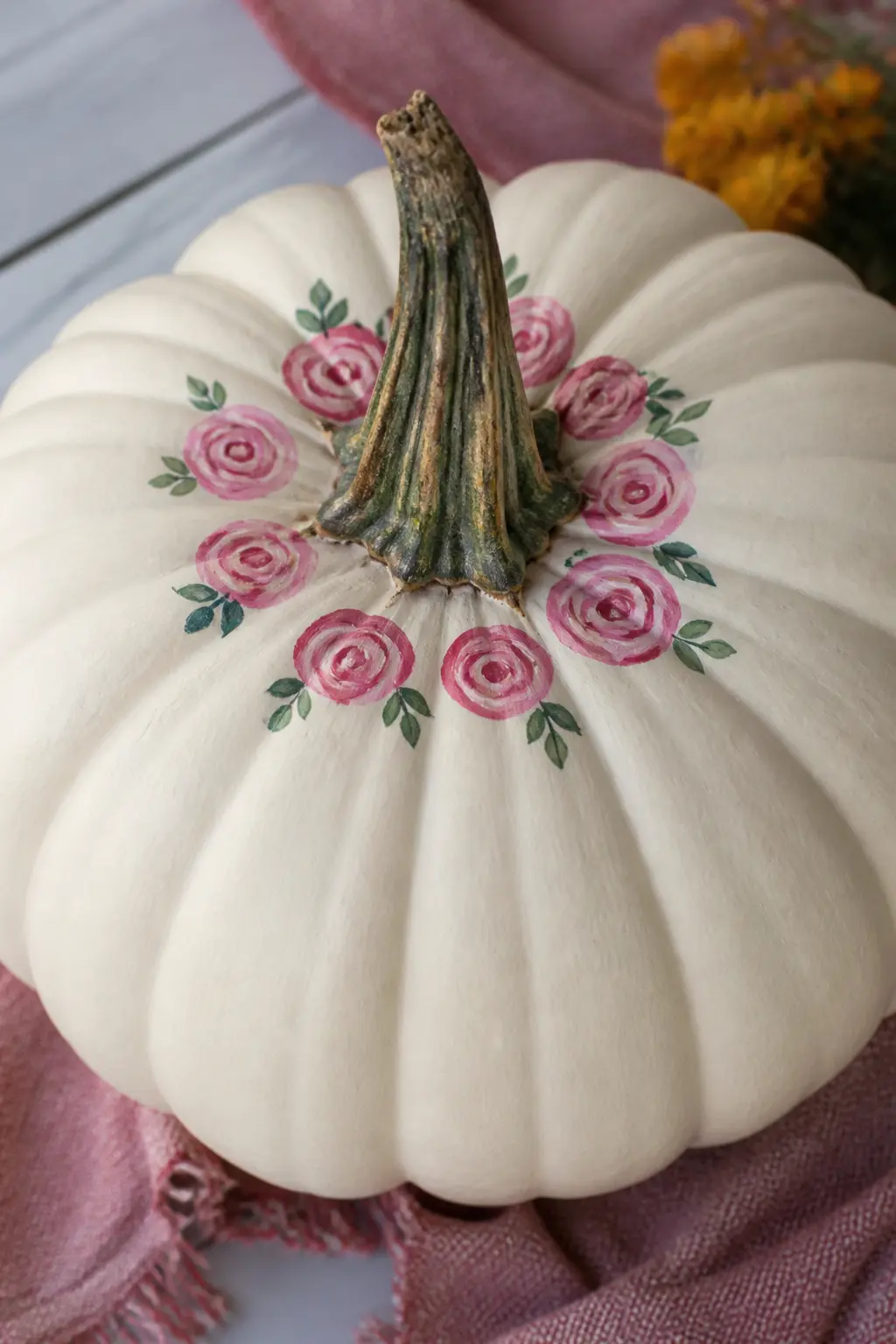 Cream Pumpkin With Painted Pink Roses Around the Stem — Paint the pumpkin in cream. Girly painted pumpkin
