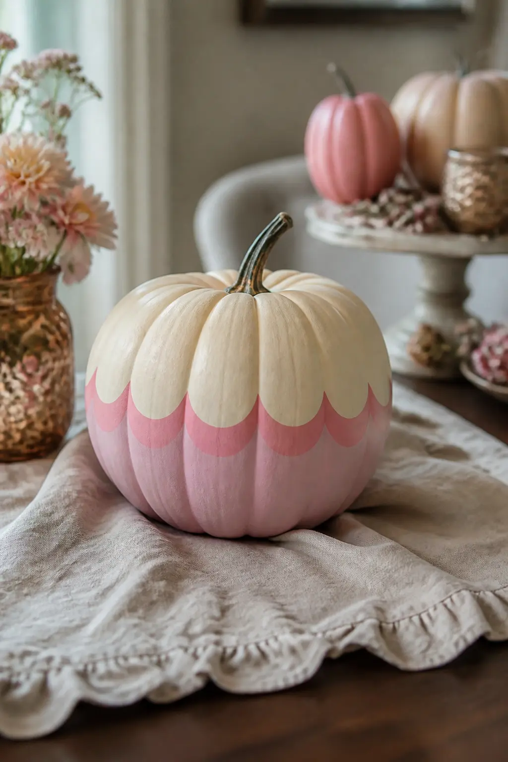 Cream Pumpkin With a Scalloped Edge Painted Round the Middle — Base coat the pumpkin in cream. Girly painted pumpkin