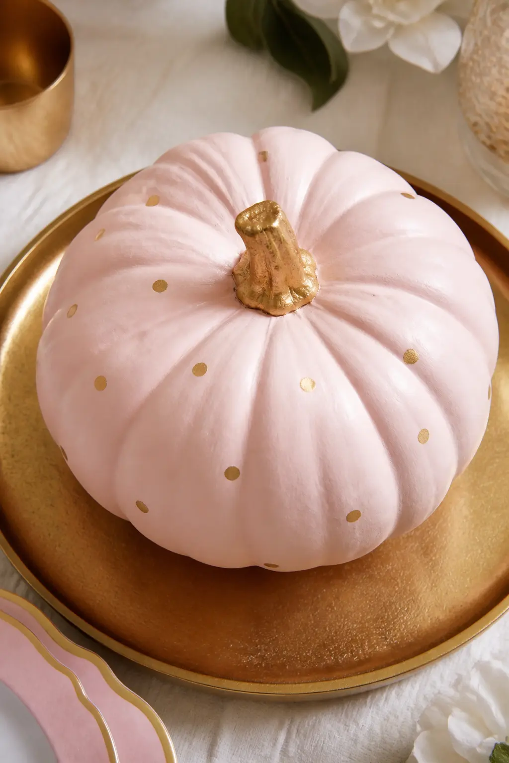 Pale Pink Pumpkin With Gold Dots and a Gold Stem — Paint the pumpkin body in pale pink and the stem in gold craft paint. Girly painted pumpkin