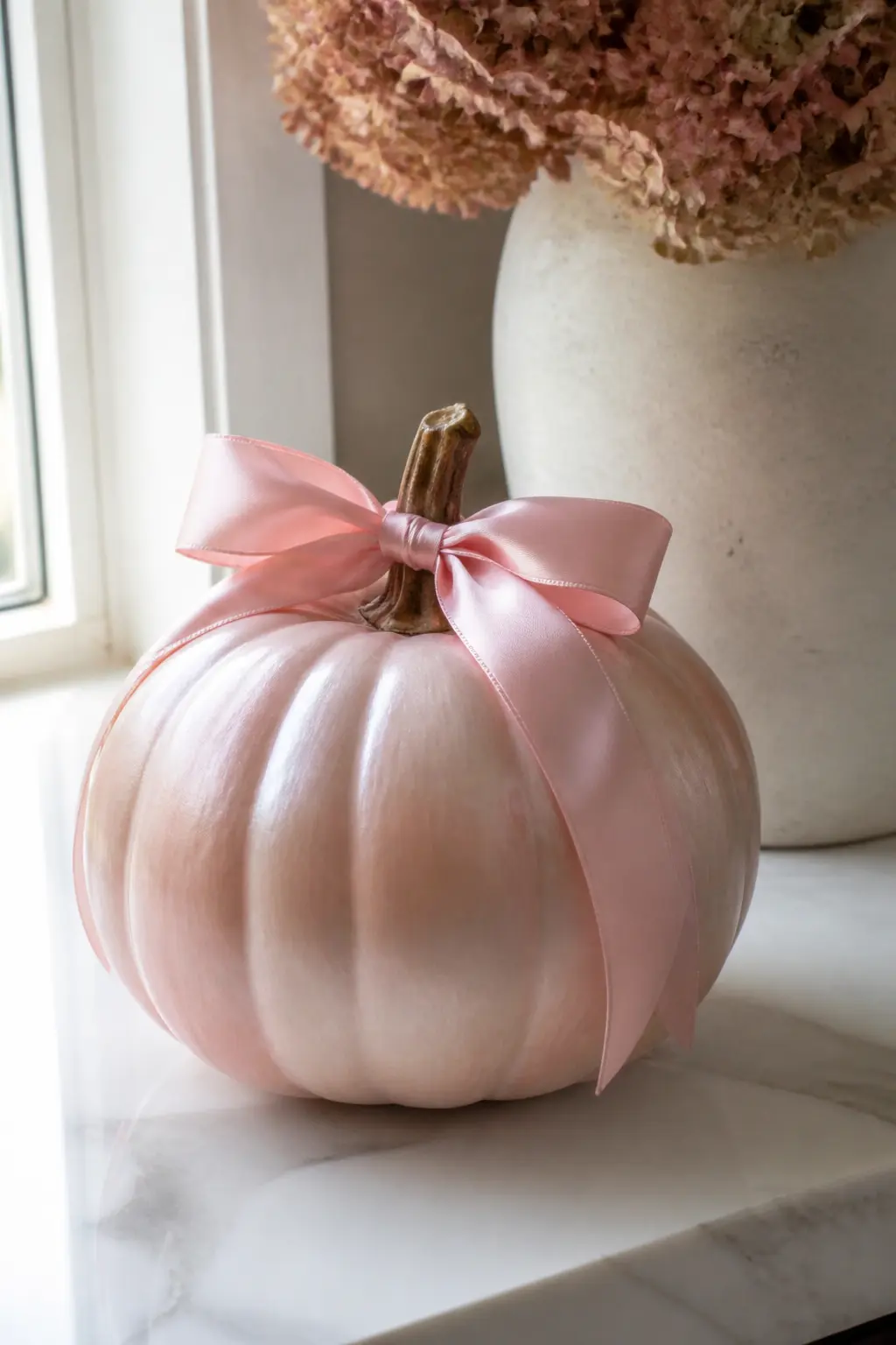 Pale Pink Pumpkin in a Ballet-Slipper Satin Sheen With a Matching Bow — The finish here is the entire project. Girly painted pumpkin