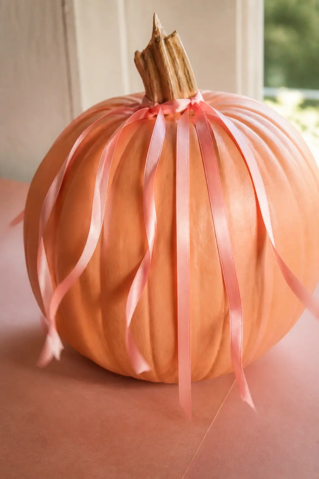 Peach Pumpkin With Pink Ribbon Streamers Hanging From the Stem — Paint the pumpkin in warm peach. Girly painted pumpkin