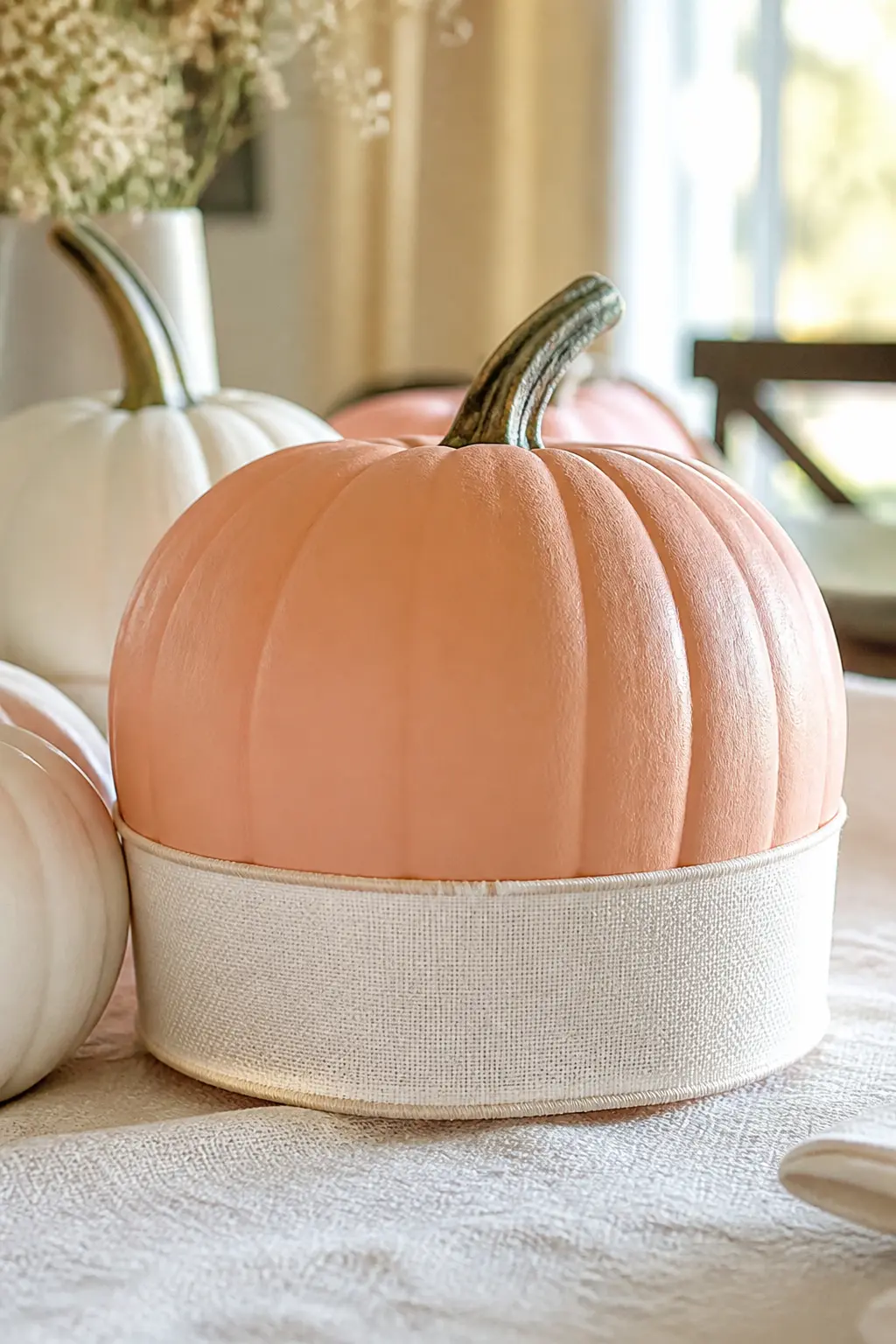 Peach Pumpkin With a Wide Cream Ribbon Band Around the Base — Paint the pumpkin in warm peach and seal it. Girly painted pumpkin