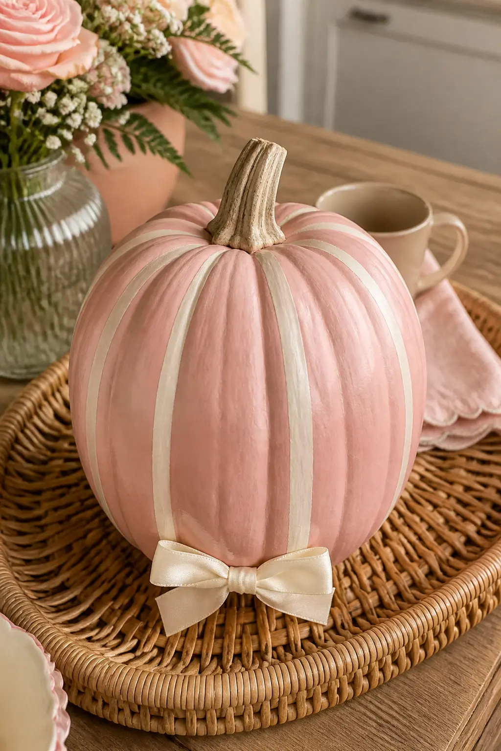 Pink Pumpkin With Cream Painted Stripes and a Small Bow at the Base — Base coat the pumpkin in a warm pink. Girly painted pumpkin