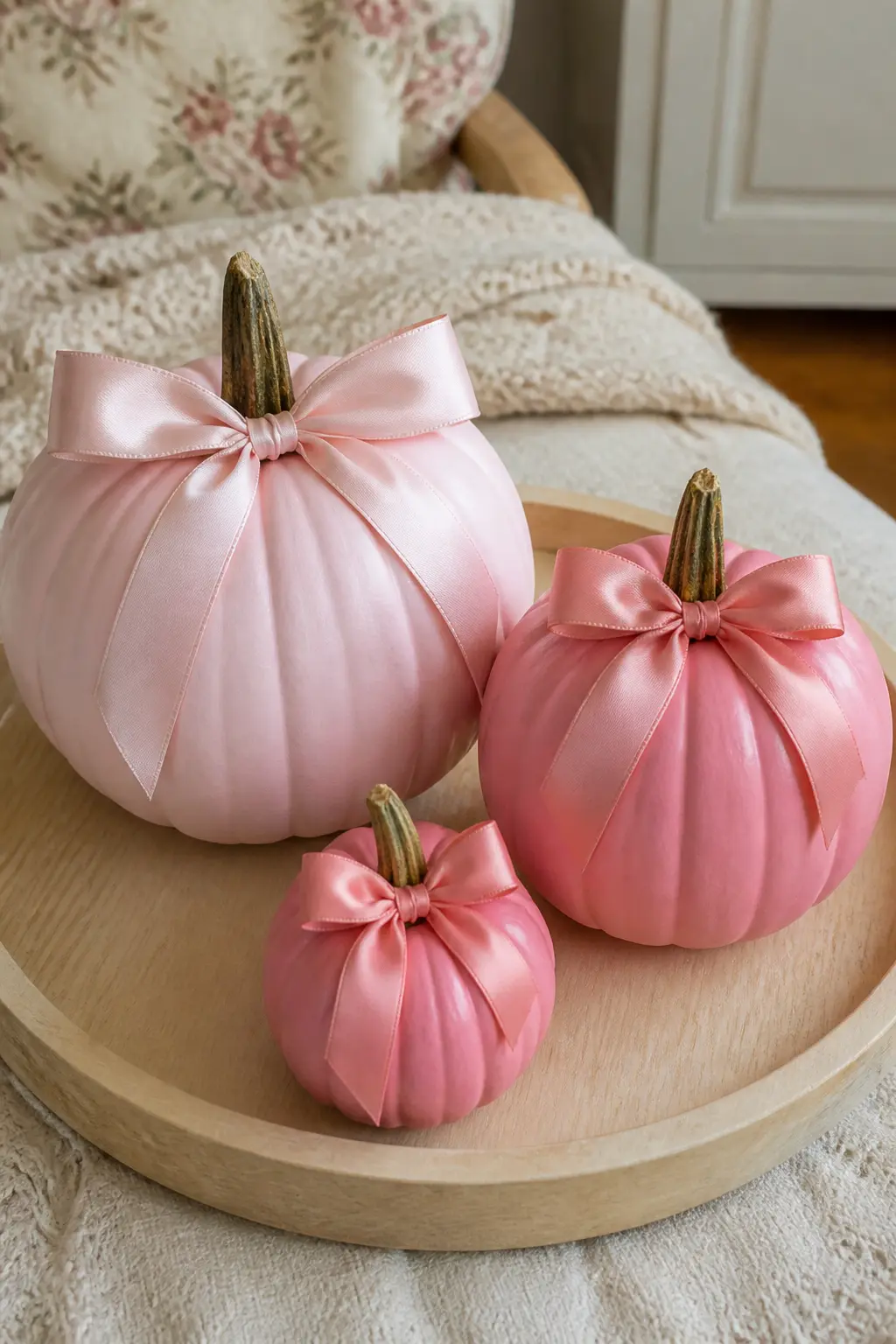 Set of Three Pumpkins in Graduated Pinks, Each With a Matching Bow — Choose three faux pumpkins in small, medium and large. Girly painted pumpkin