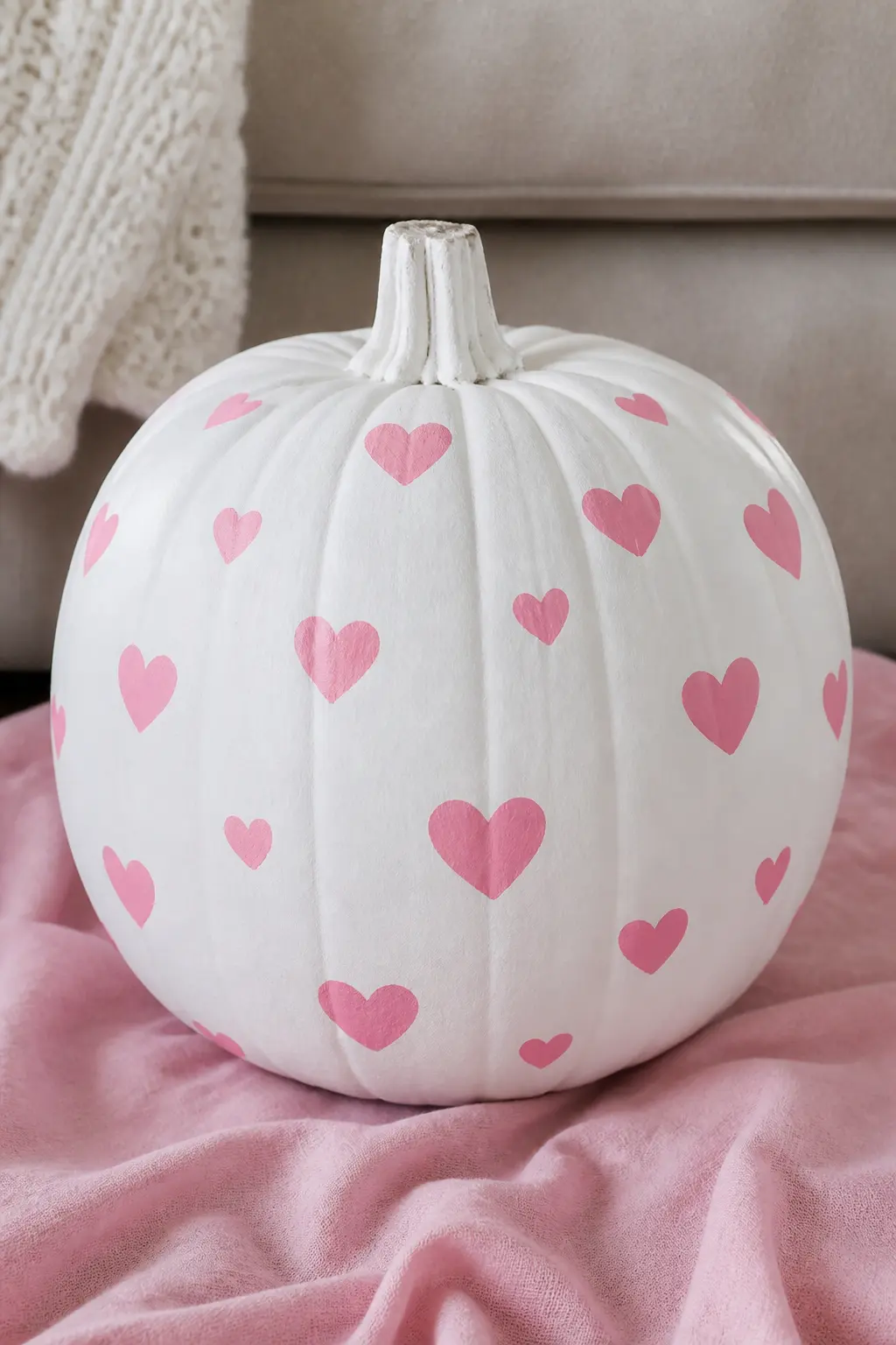 White Pumpkin With Painted Pink Hearts Scattered Evenly — Base coat the pumpkin in bright white for the cleanest contrast. Girly painted pumpkin