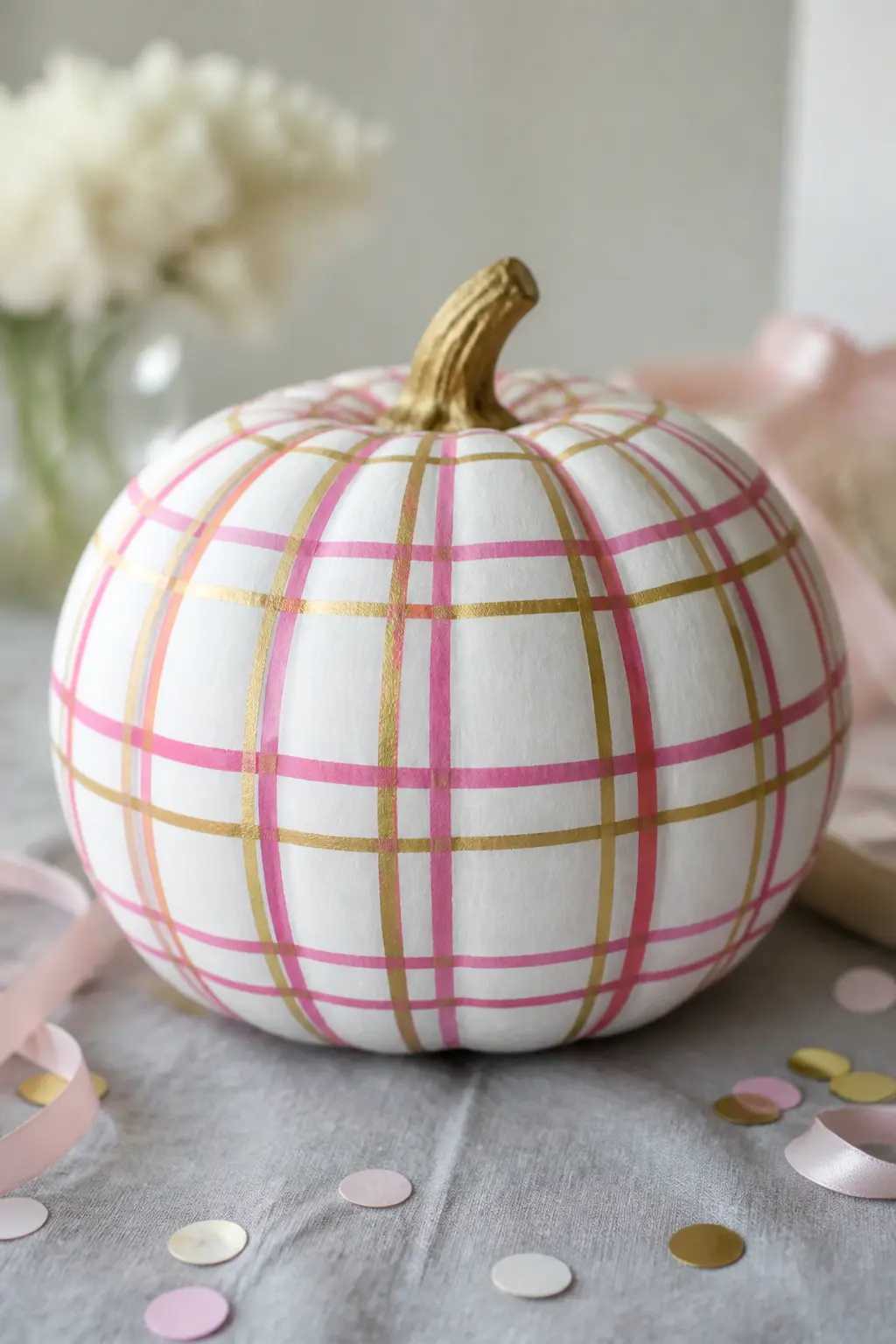 White Pumpkin With a Painted Pink and Gold Plaid Grid — Base coat the pumpkin in bright white. Girly painted pumpkin
