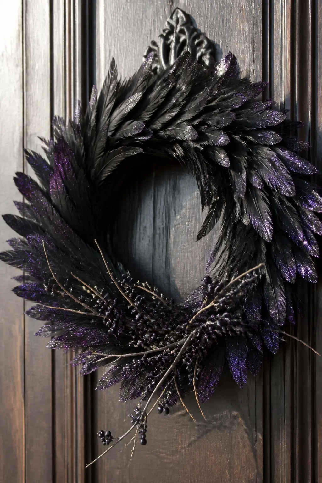 Black Feather and Glitter Wreath — Wire or hot-glue black feathers around a foam wreath ring, overlapping them like shingles so the base disappears completely.