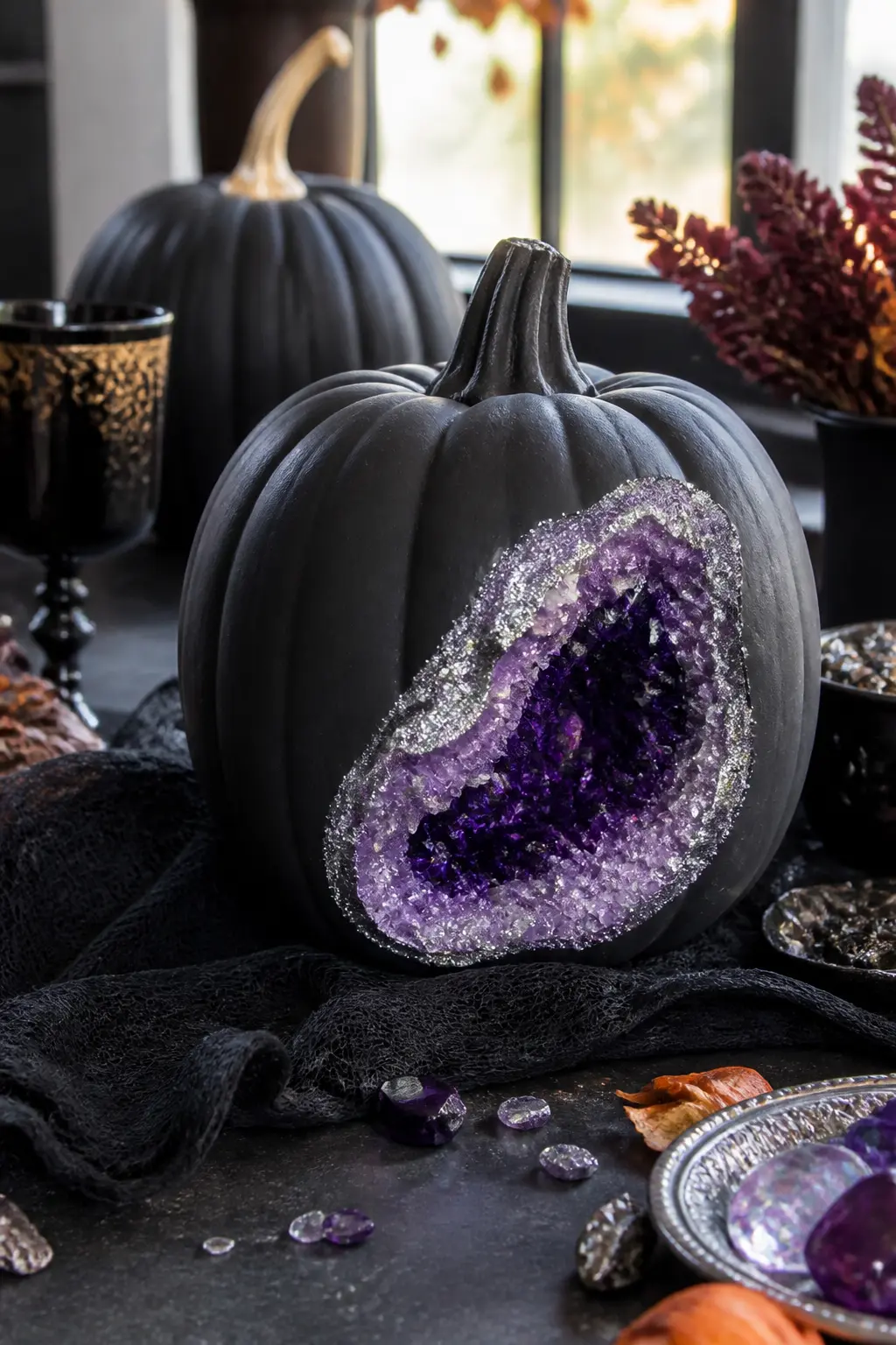 Geode-Style Glitter Pumpkin — Cut or hollow a rough irregular oval from one side of a large foam pumpkin to suggest a geode cavity. Glitter crafts