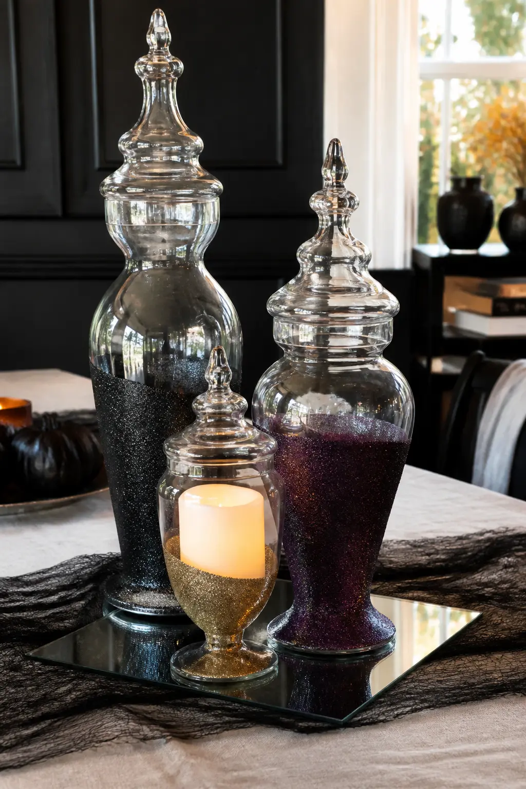 Glitter Apothecary Jar Centrepiece — Take three apothecary jars in different heights and coat the lower half of each in Mod Podge. Glitter crafts