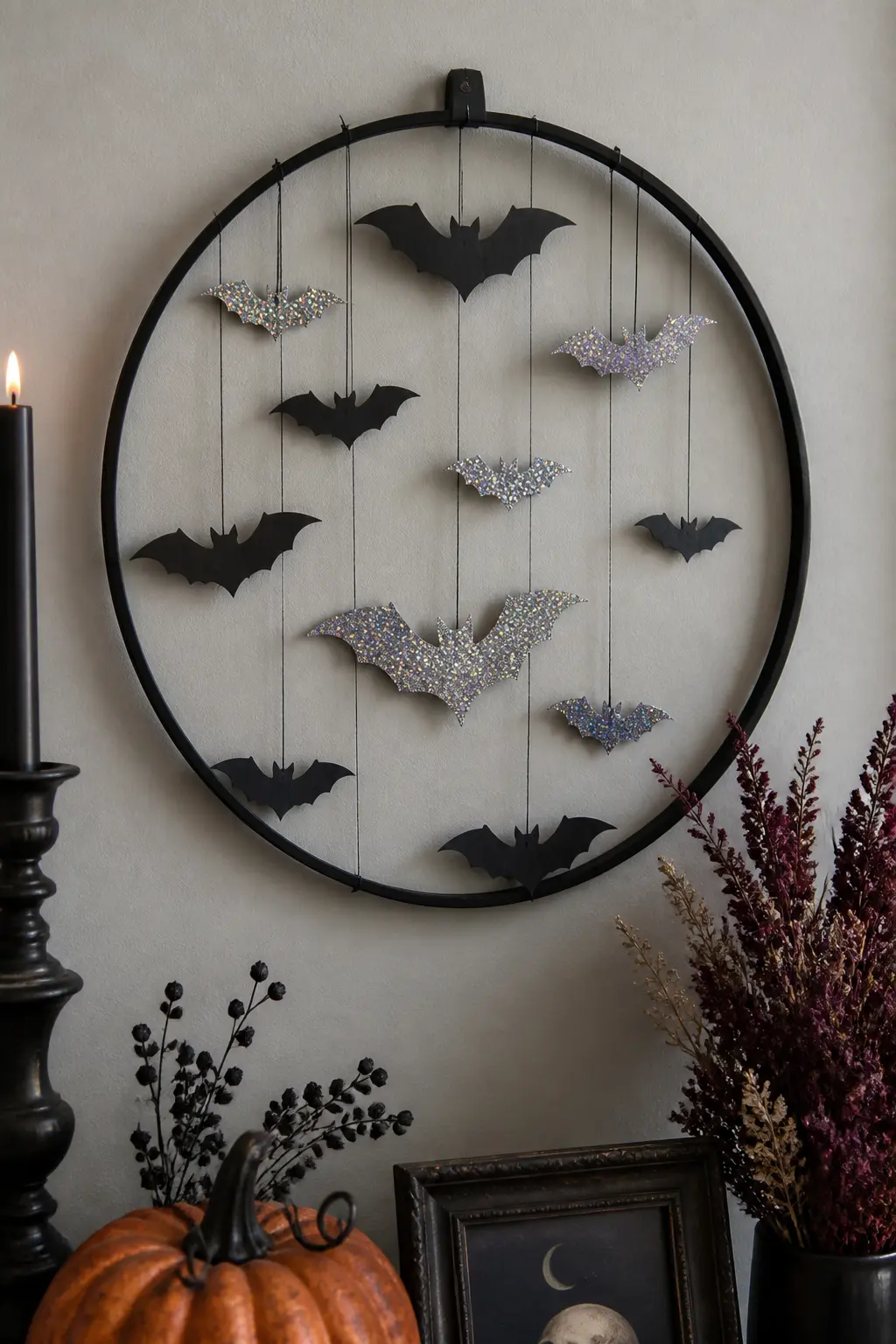 Glitter Bat Mobile Wreath — Cut bat silhouettes from black card in three sizes. Glitter crafts