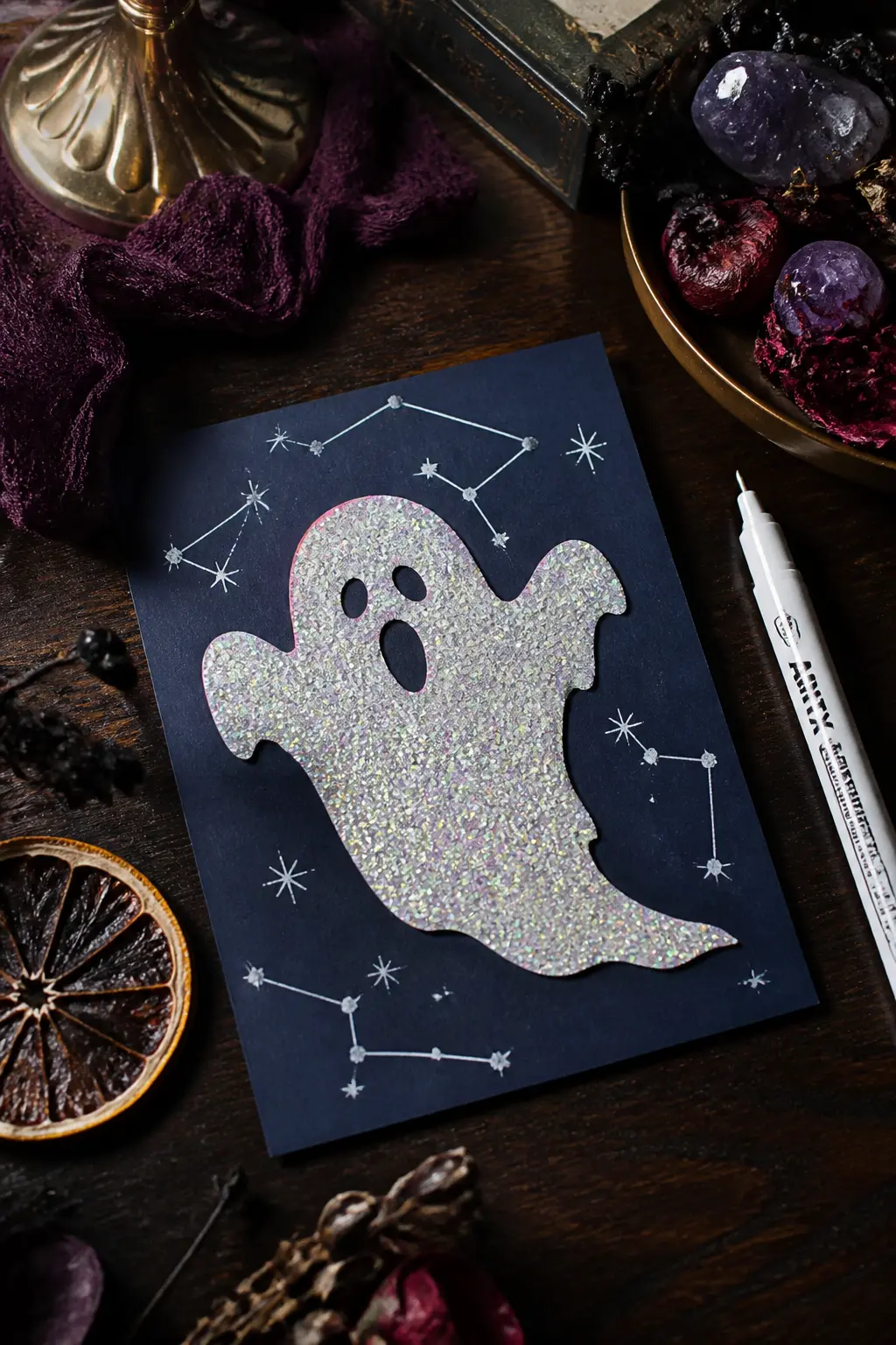 Glitter Constellation Ghost Silhouette — Cut a ghost silhouette from black card. Glitter crafts