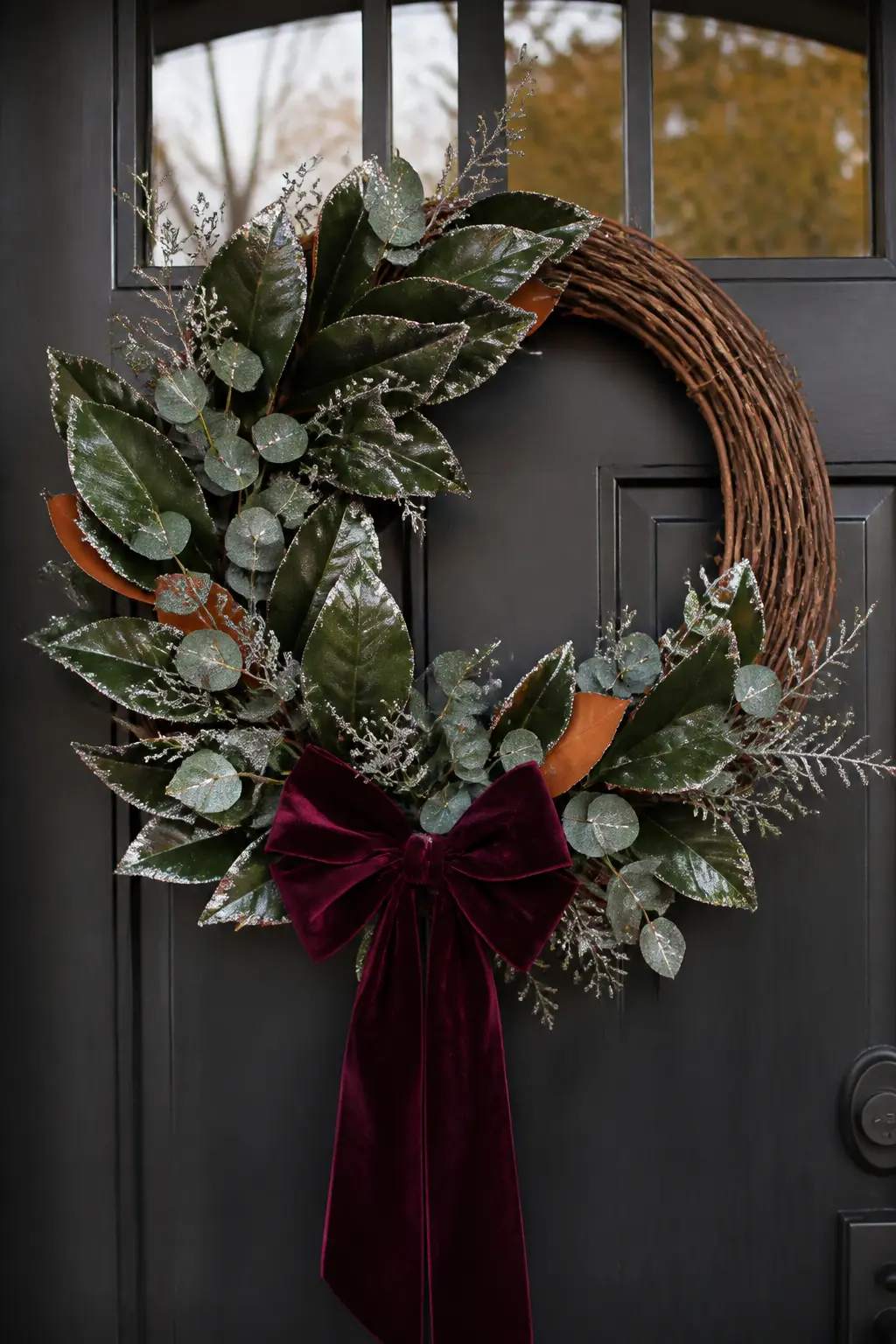 Glitter Dipped Faux Foliage Wreath — Start with a grapevine wreath base and wire in stems of faux eucalyptus, dark magnolia leaves and a few dried lunaria