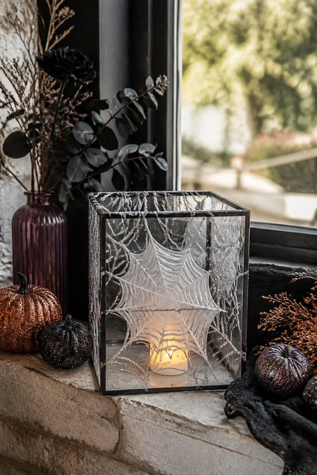 Glitter Lantern with Vellum Web — Cut a spider web from white vellum and glue it to the inside of a square glass lantern before inserting a battery candle.