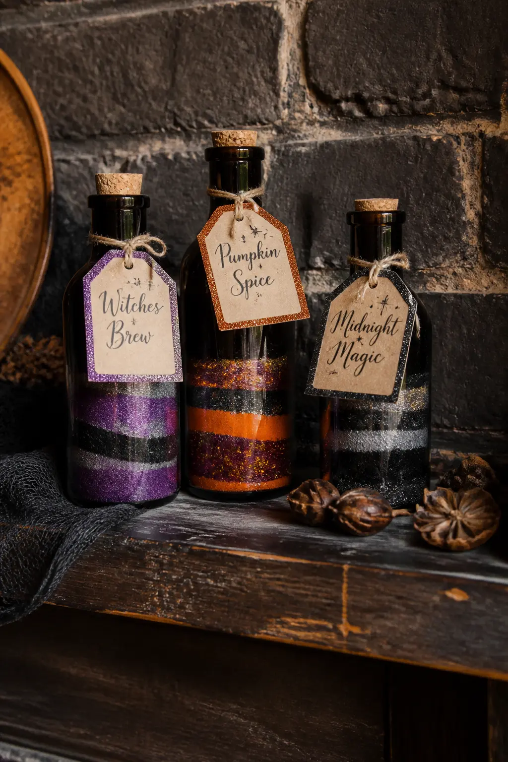 Glitter Potions Labels and Bottles — Print or hand-letter potion labels on aged kraft or cream card. Glitter crafts