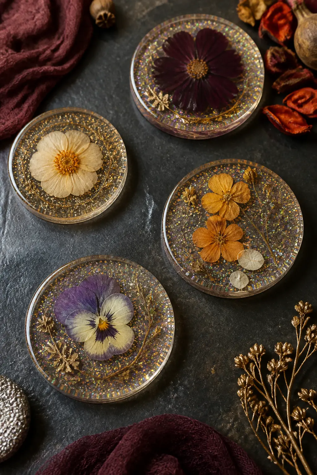 Glitter and Pressed Flower Resin Coasters — Pour a thin base layer of resin into round silicone coaster moulds and let it reach a gel state, about two hours.