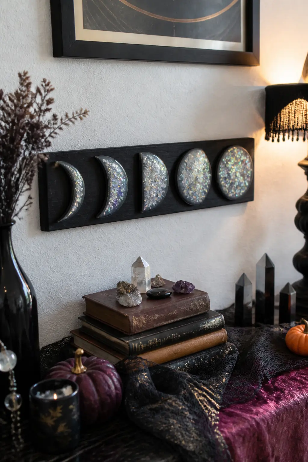 Glitter Resin Moon Phase Set — Pour clear resin into five moon-phase silicone moulds: new moon, crescent, half, gibbous and full. Glitter crafts
