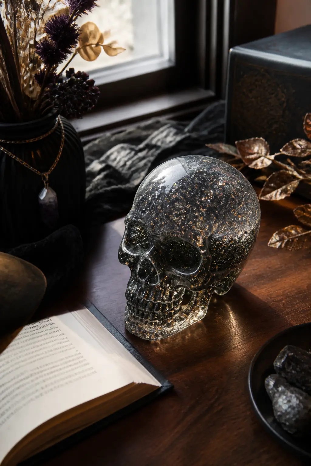 Glitter Skull Resin Paperweight — Mix a two-part clear resin according to manufacturer instructions and add a small amount of black alcohol ink for a smoky