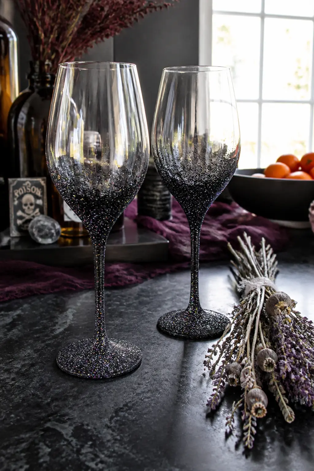 Glitter-Dipped Wine Glasses — Dip the outside of the stem and the base of plain wine glasses into Mod Podge, then immediately into a tray of fine glitter.