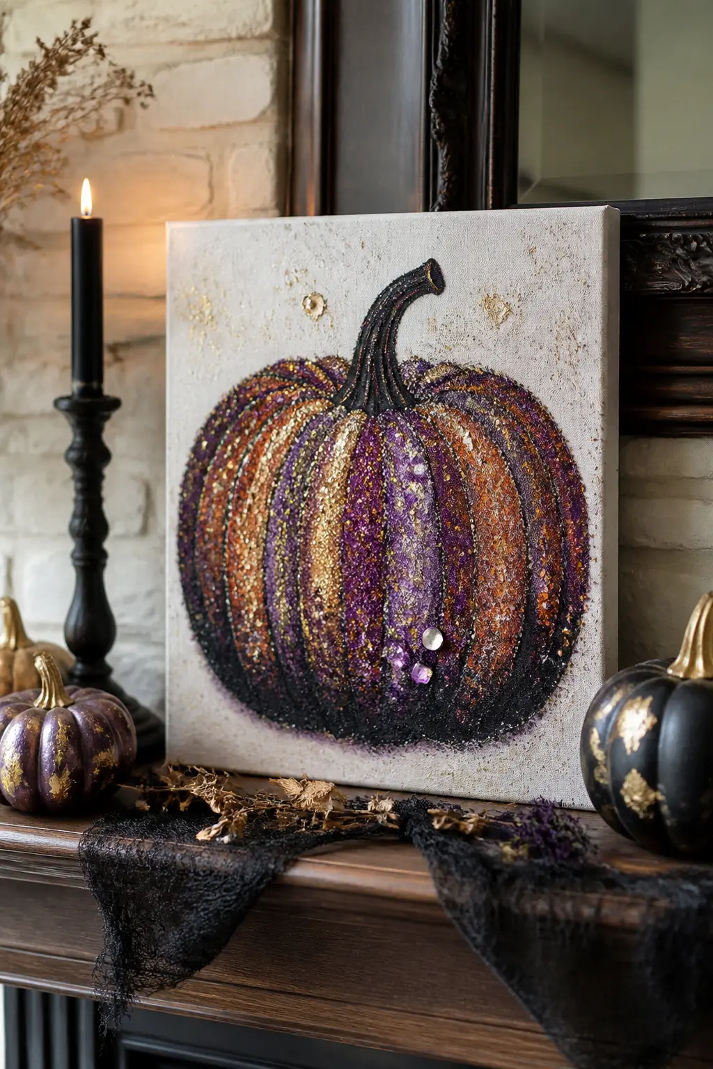 Jeweled Glitter Pumpkin on Canvas — Paint a pumpkin silhouette on a square canvas in broad, loose brushstrokes using acrylic in deep plum and black. Glitter