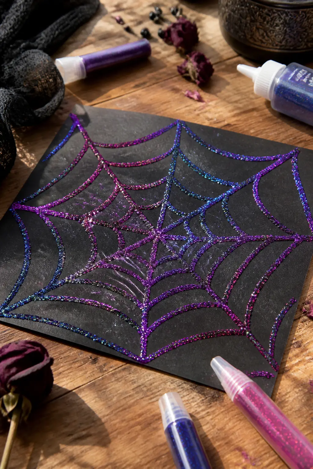 Rainbow Glitter Spider Web on Black Card — Squeeze white school glue in a classic web pattern on a square of black card: one central dot, straight lines