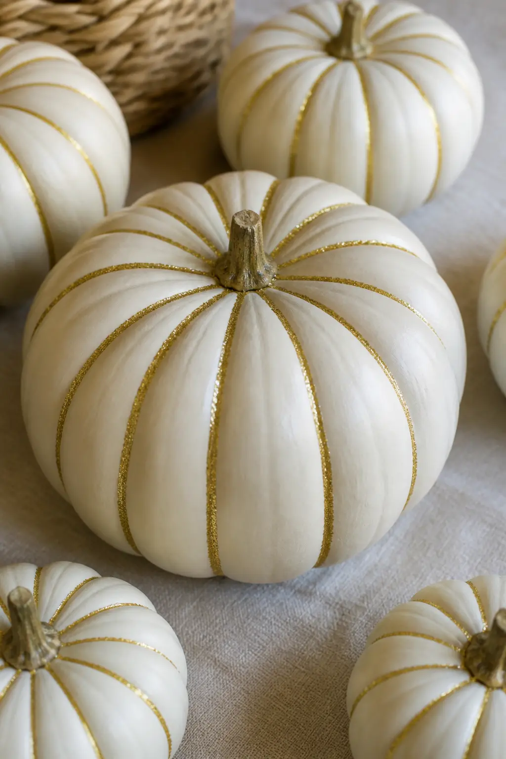 Cream Pumpkin With Gold Glitter in the Crevices Only — Paint the pumpkin cream. Glitter pumpkin