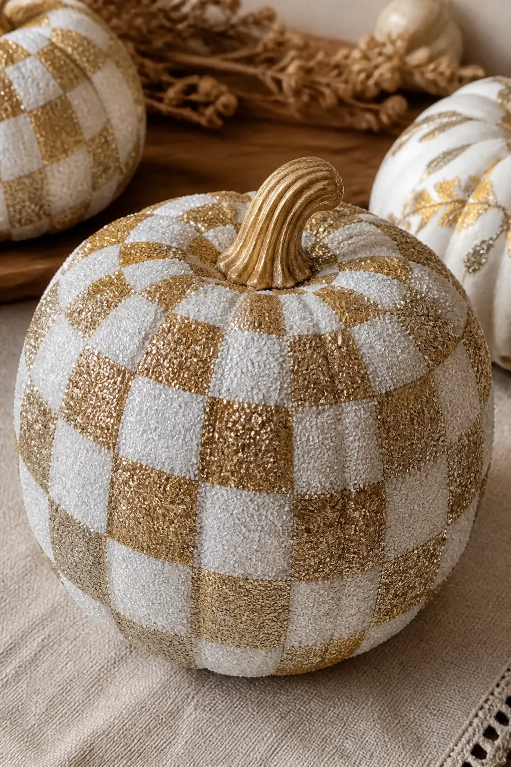 Cream Pumpkin With a Gold and White Glitter Checkerboard — Paint the pumpkin cream. Glitter pumpkin