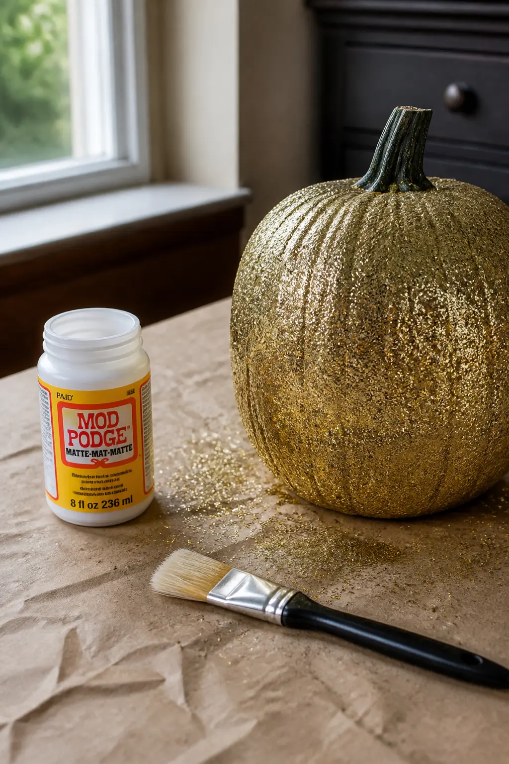 Method: Mod Podge Brushed On, Glitter Poured Over, Sealed With a Second Coat — Brush a generous, even layer of Mod Podge onto the painted surface. Glitter