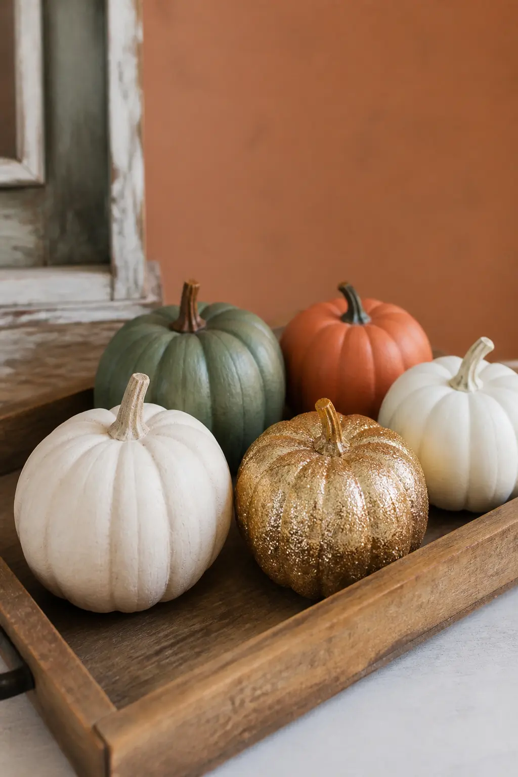 One Fully Glittered Pumpkin Among Plain Painted Ones — Group three or five painted pumpkins in cream, terracotta, and deep green on a tray or shelf, then place